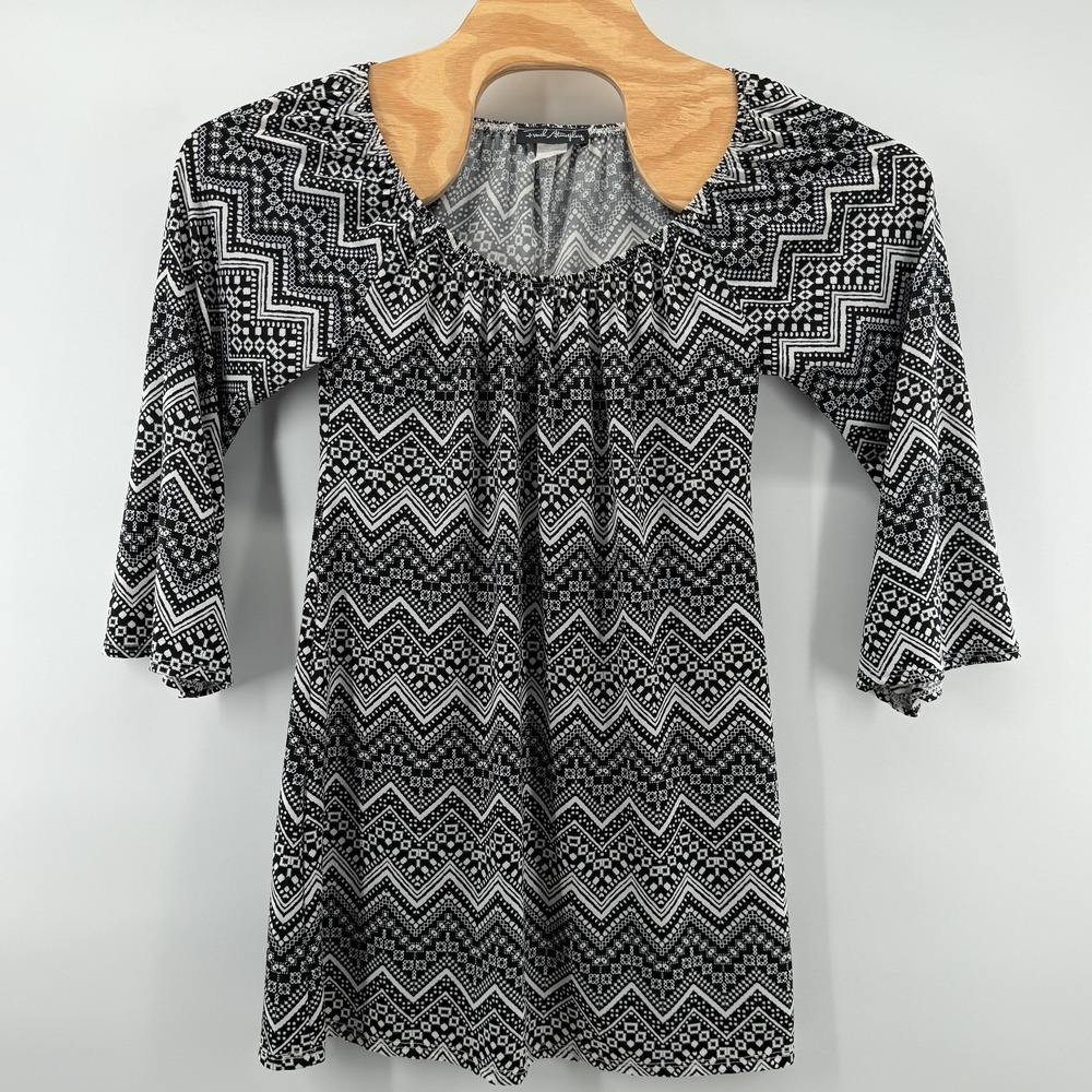 French‎ Atmosphere Dress Womens Small Black White Geometric Boho 3/4 Sleeve USA